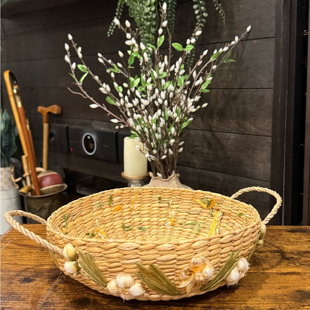 Handwoven Natural Basket with Yellow Accent